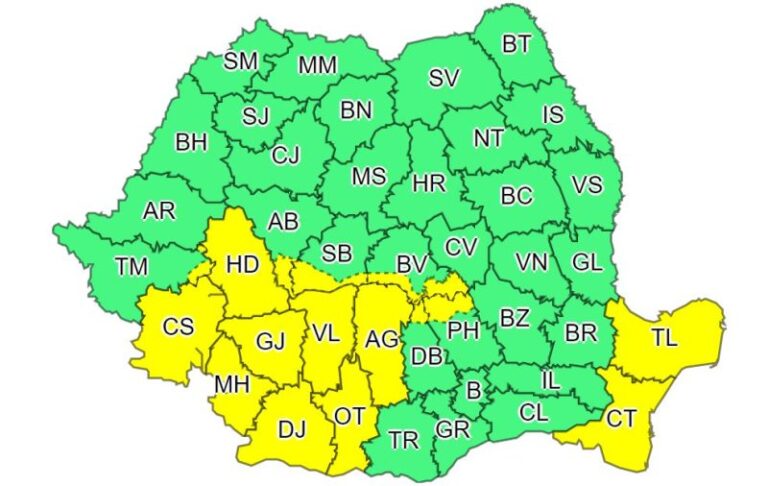Județul Hunedoara: COD GALBEN de ploi torențiale, descărcări electrice și grindină