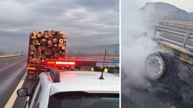Camion cu lemne la un pas de a lua foc pe autostradă. Intervenția pompierilor a evitat un incendiu de proporții