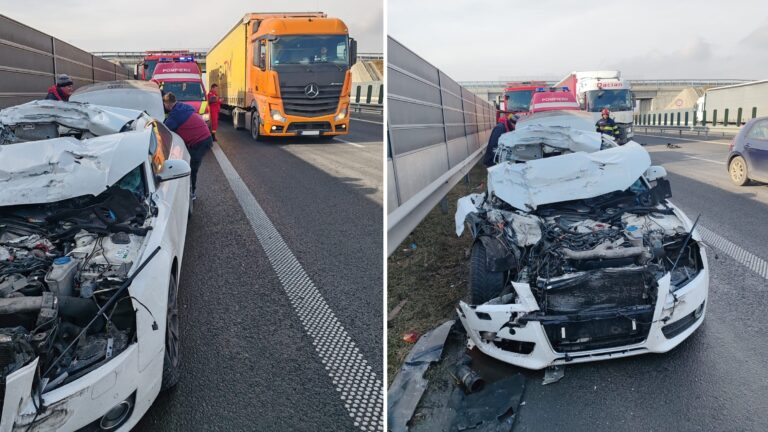 CIOCNIRE TIR – AUTOTURISM pe autostrada A1, între Ilia și Deva. S-a ales cu mașina praf, dar a scăpat CU VIAȚĂ