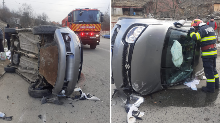 Bărbat singur, 68 de ani, răsturnat și blocat în propria mașină. A fost extras și dus de urgență la spital