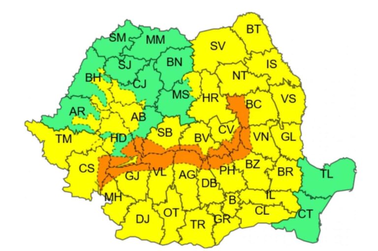 Avertizări Cod Galben și Portocaliu de ploi, ninsori, vânt și vreme deosebit de rece, în județul Hunedoara, până miercuri