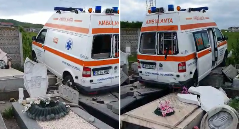 TE-AM ZĂRIT PRINTRE MORMINTE – o ambulanţă a intrat în cimitir şi a distrus tot în cale – VIDEO